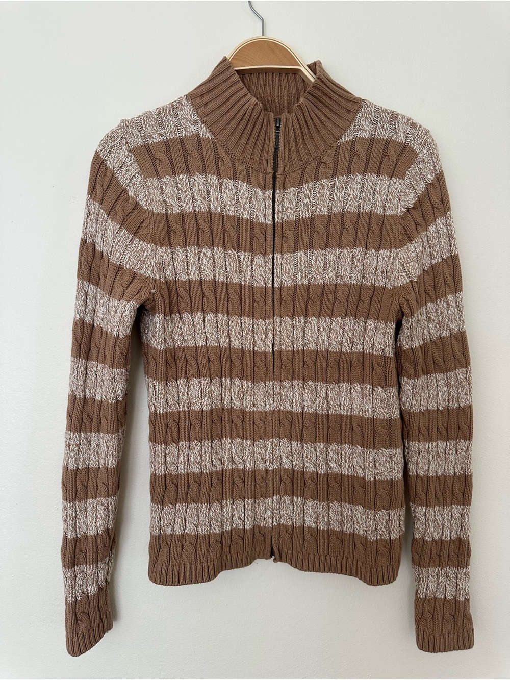 L.L. Bean Brown & Cream Marled Cable Zip Cardigan